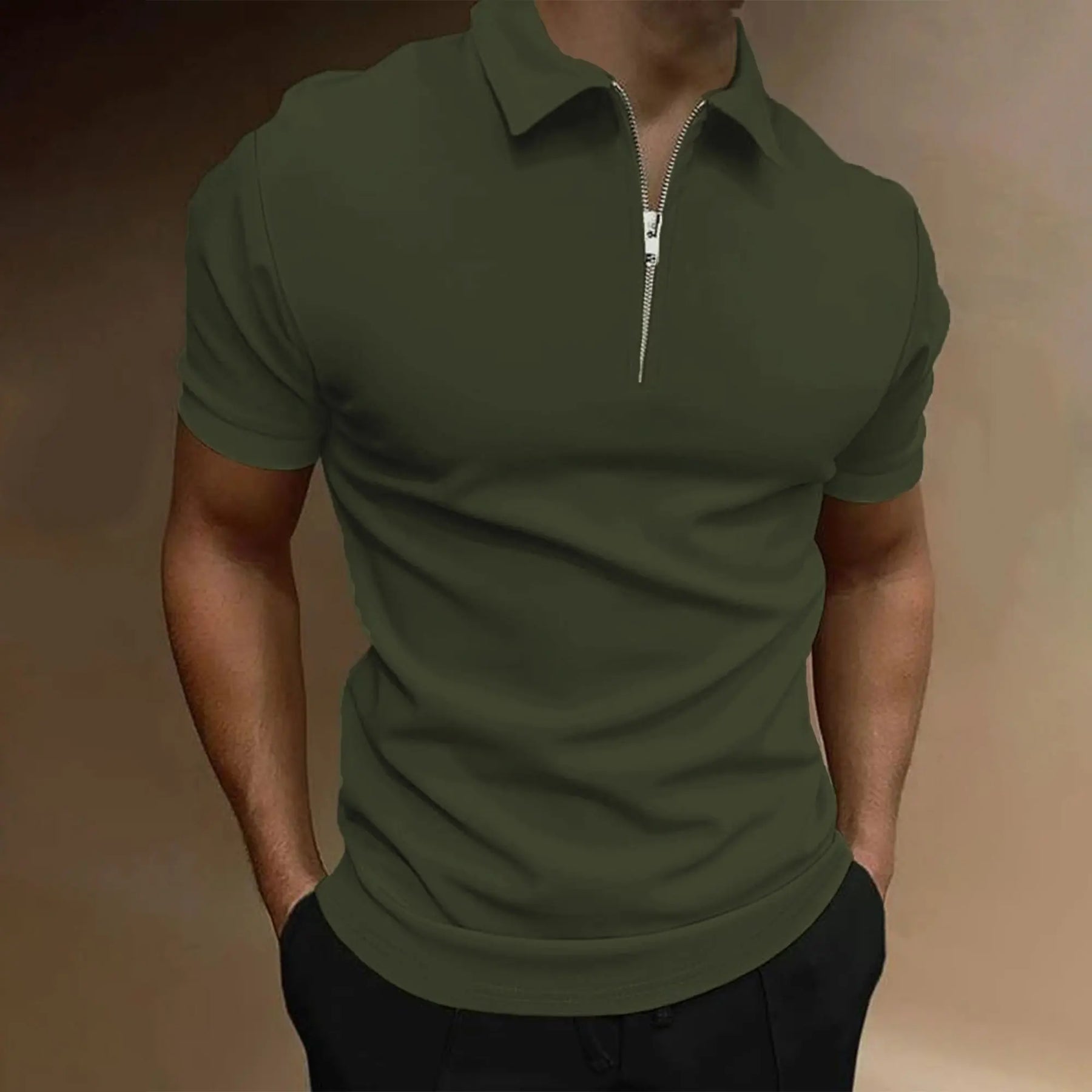 Men's polo shirt solid color short-sleeved zipper lapel T-shirt casual top