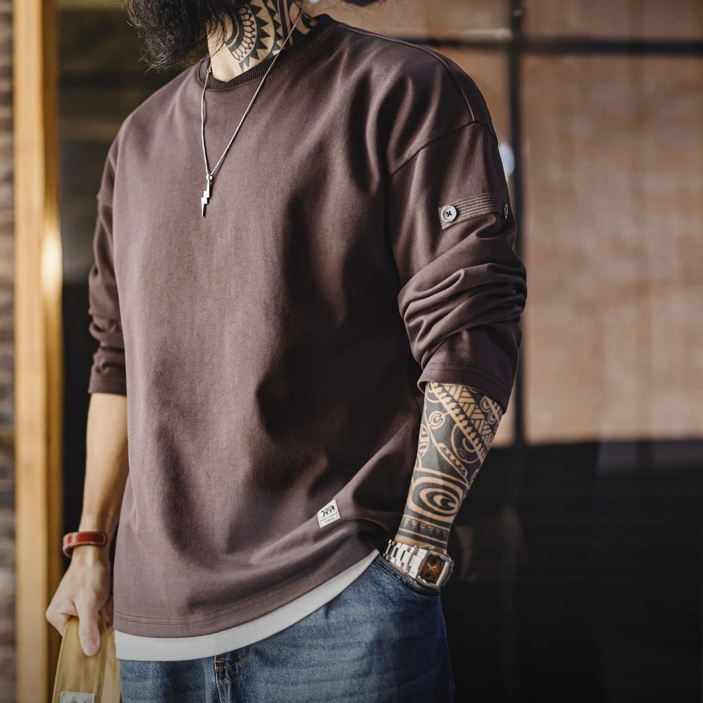 Maden Men's V-Neck T-Shirt Long Sleeve Pullover Solid Color Casual Basic Base Layer For Spring Autumn Soft Breathable Top