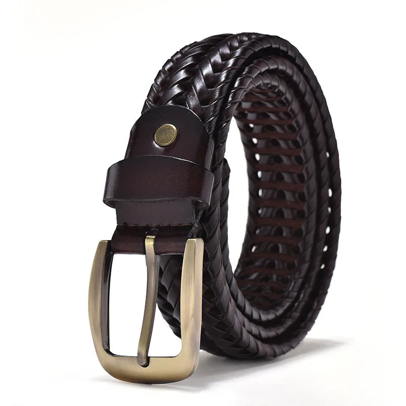 Men Genuine Leather Braided Belts Webbing High Quality Braided Vintage Belt for Men Gold Pin Buckle Casual for Jeans Strap
