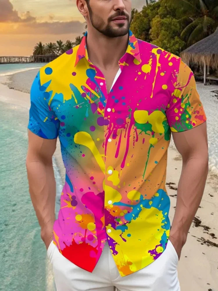 Men's Summer Casual Shirt Vibrant 3D Print Graffiti Art Short Sleeves Lapel Button-Up Top Stylish Streetwear Colorful Shirt Man