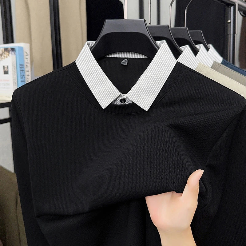 2026 New Men's Fake Two Piece Polo Shirt Casual Fashion Long Sleeve Collar T-shirt Versatile Top