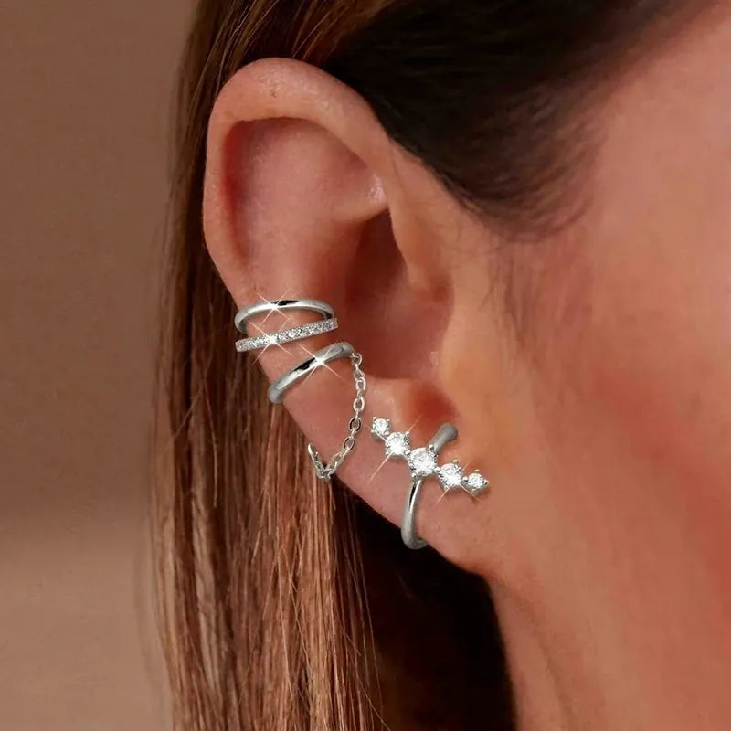 KissICON Type3-SL 5pcs/set Trendy Elegant Design Ear Cuff Classic Elegant Style Gifts Women's No Piercing Clip Silver Earrings Circle Leaf Shaped