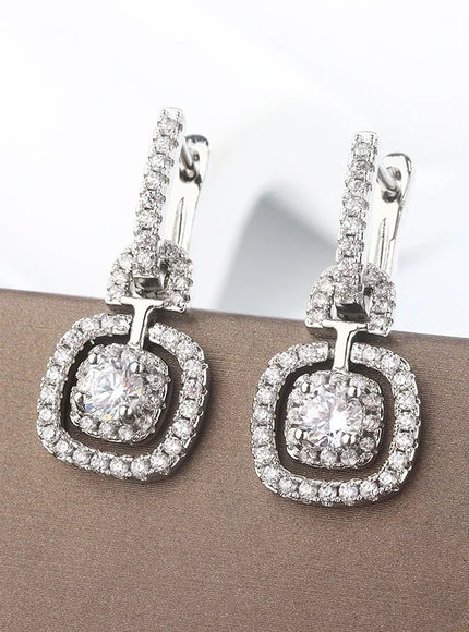 Kiss Icon Silver Square Drop Earrings - Elegant Zircon Shine