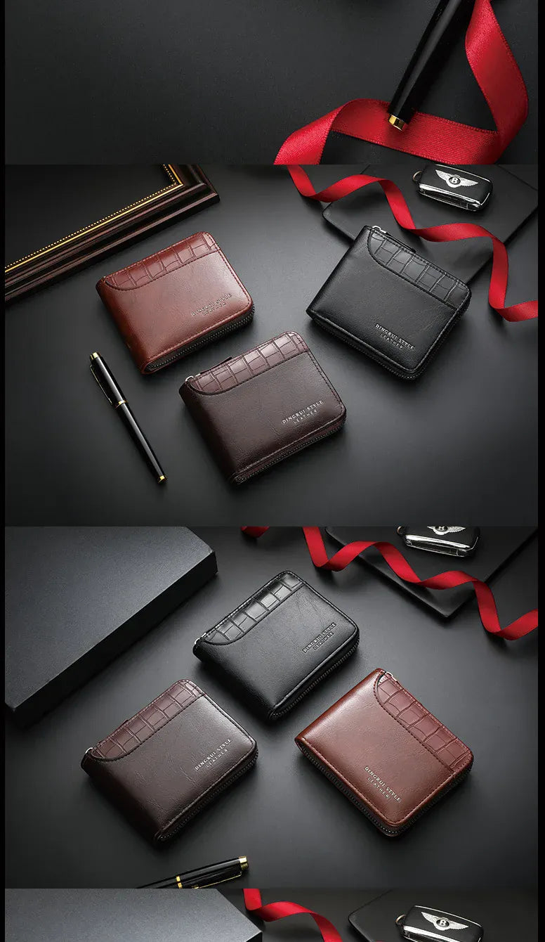 Leather Men’s Wallet Luxury Mens Purse Male Zipper Card Holders with Coin Pocket Rfid Wallets Gifts Men Money Bag Birthday Gifts