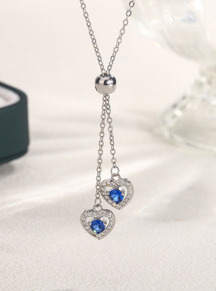 Classic Double Heart Blue Zircon Pendant Necklace - Sparkle
