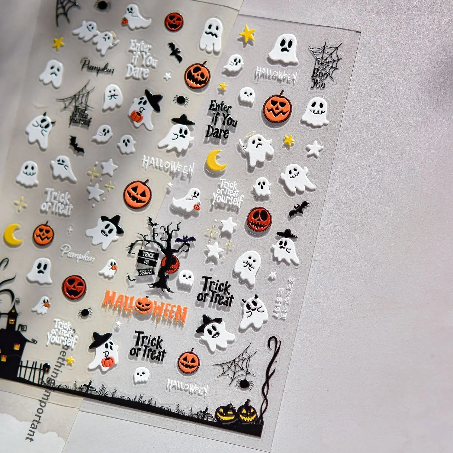 Cute Halloween 5D Nail Art Sticker Ghosts Spooky Spider Webs Evil Pumpkin Faces Festive Balloons Floral Stars Fun Scary Decals