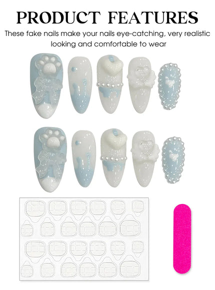 Handmade Press on Nails Light Blue Cute Bear