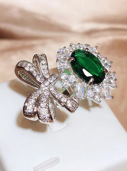 KissIcon New Green Zircon Bow Ring For Ladies - Adjustable