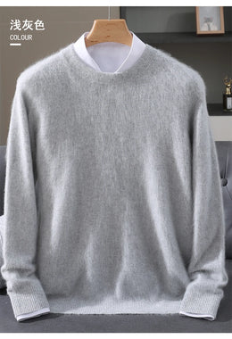 Autumn Winter New Men's Sweater Round Neck Loose Pullover Knitted Sweater Casual Solid Color Thickened 100% Mink Cashmeresweater