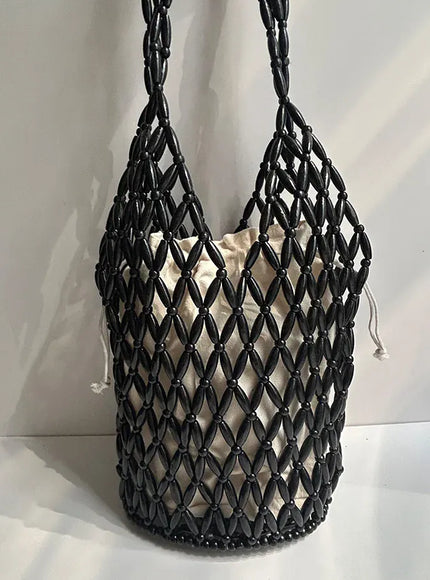 Woven Hand Hollow-out Wooden Bead Tote –