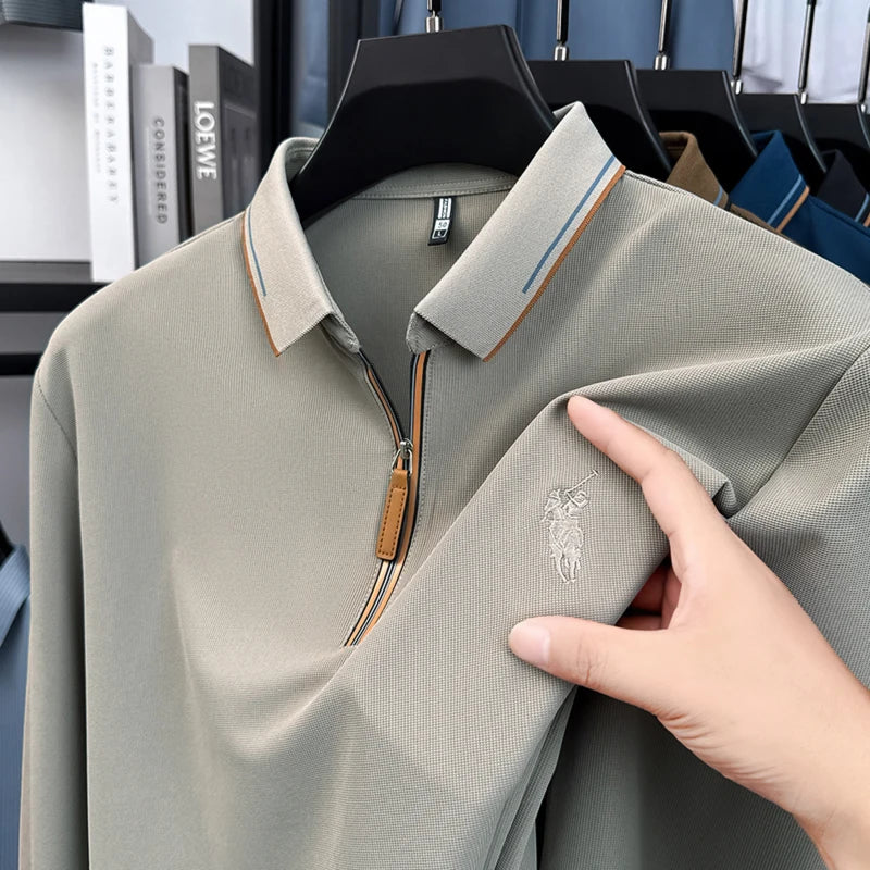 Men's Cotton Long Sleeved T-shirt with Collar Polo Shirt High-end Embroidered Top Autumn Loose Base Shirt