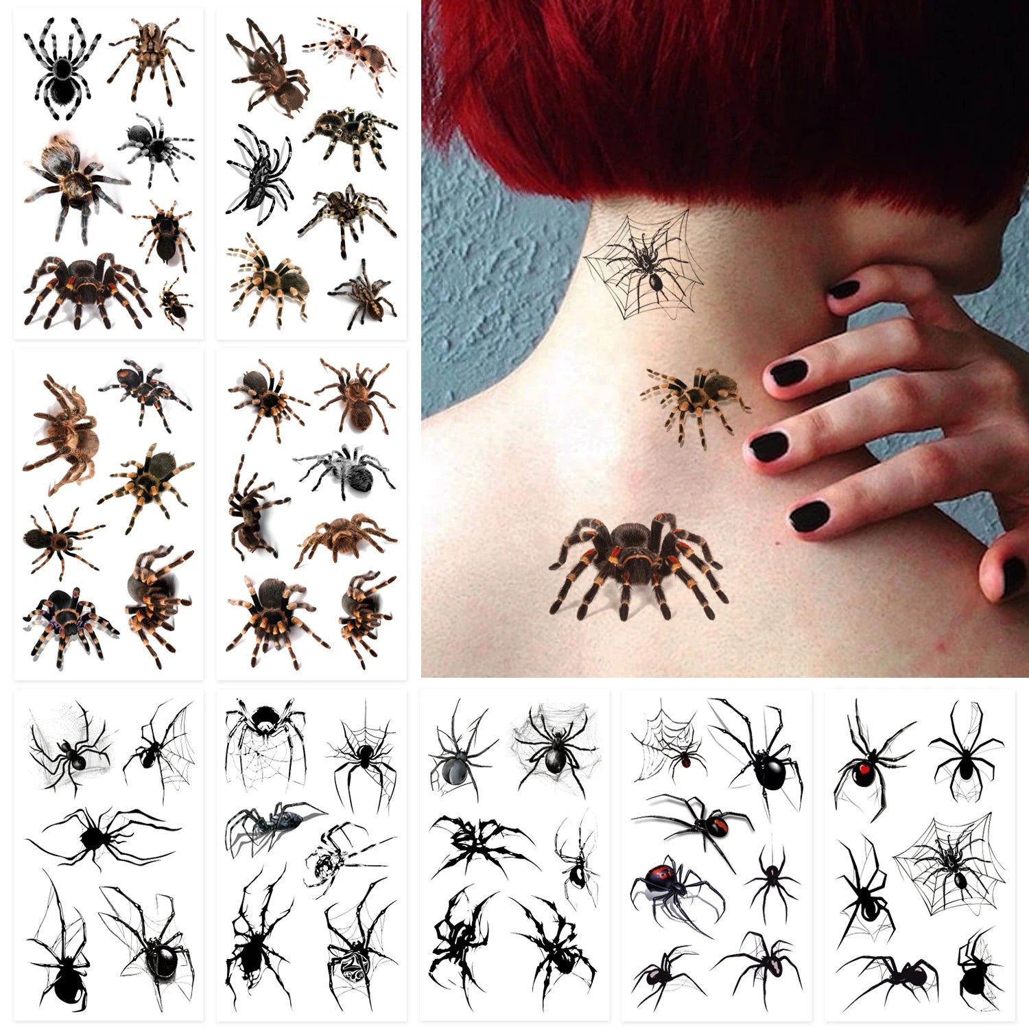 10pcs 3D Spider Temporary Tattoos - Realistic Waterproof & Easy- Stickers for Halloween Costumes, Makeup, and Party Supplies