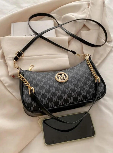 Vintage Style Handbag Crossbody Bag, Gold Letter 'M' Design Pu Leather Shoulder Messenger Bag, Synthetic Leather Tote Bag, Purse