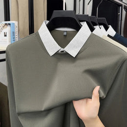 2026 New Men's Fake Two Piece Polo Shirt Casual Fashion Long Sleeve Collar T-shirt Versatile Top