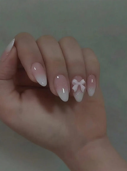 KissIcon 24Pcs Almond Press On Nails Pink Bow
