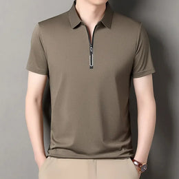New Men's Business Casual Zipper Short Sleeve Solid Color Polo Shirt Fashionable Warm Comfortable Four Seasons Versatile Top