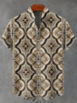 Retro collar men's short sleeved shirt with forest green series print 2025 new casual and comfortable top