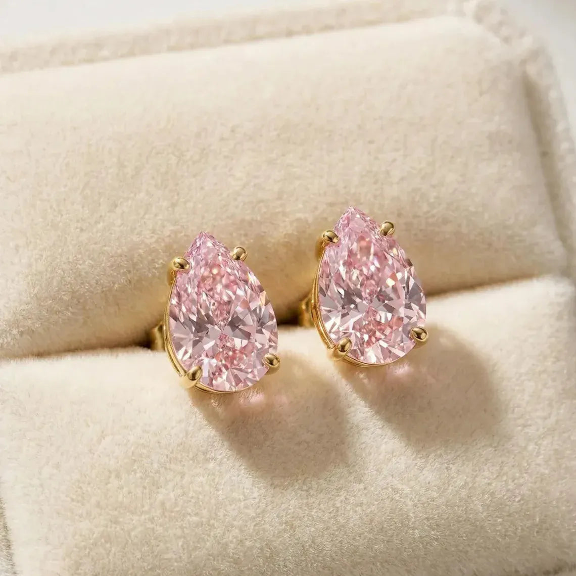 KissICON Pink 925 Silver Teardrop Pear Cut Cubic Zirconia Stud Earrings, Gold Plated Pink Yellow CZ Earrings for Women, Elegant Party Jewelry