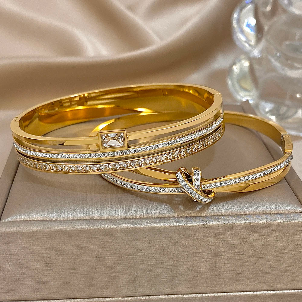 Luxury Stainless Steel Cuff Bracelet Bangle Set for Women Men Gold Plated Bracelets Inlaid White Rhinestone Wide Bangles Gift