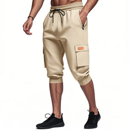 Men Elastic Drawstring Waist Cargo Capri Shorts Multi Pockets Jogger Cropped Sweatpants Casual Sports 3/4 Pants