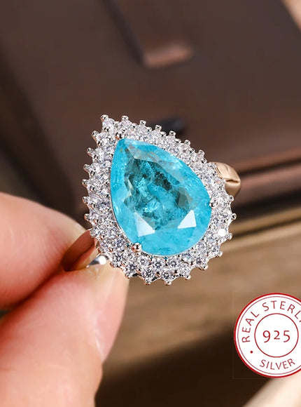 Geometric Shape 925 Silver Blue White Zircon Ring Light Luxury Fashion Open Ring To Attend High-end Banquet Party Jewelry