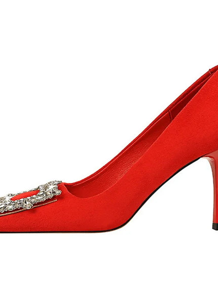 Fashion Women High Heels Metal Rhinestone Buckle Square