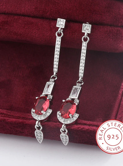 Baguette Oval Ruby Tassel Stud Earrings - Full Diamond Glow