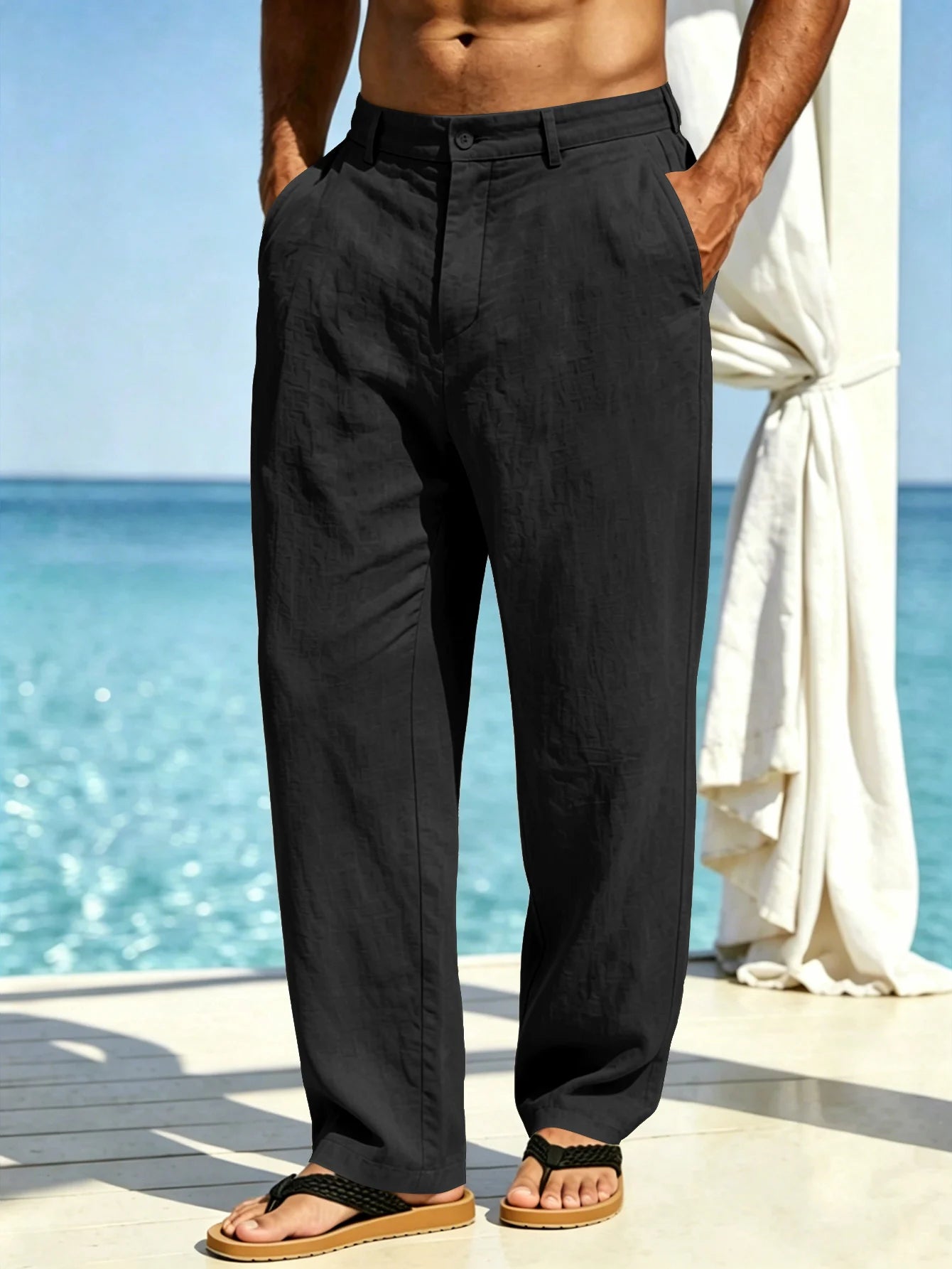 New Summer Men's Breathable, Smooth Linen Wide-Leg Straight Casual Trousers For Beach, Travel And Vacation