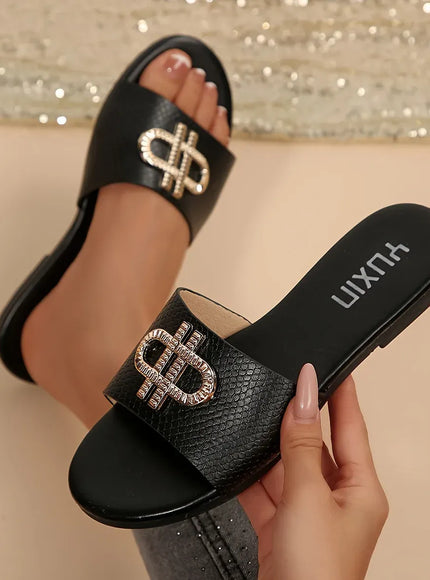 jkthpu-45 Elegant Metal Trim Flat Sandals for Chic Everyday Style