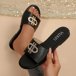 jkthpu-45 Elegant Metal Trim Flat Sandals for Chic Everyday Style