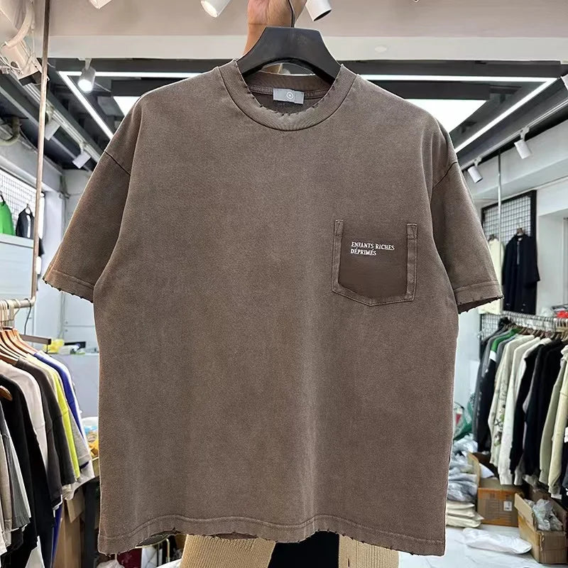 2044ss Summer Men T Shirts Women Unisex Streetwear Tee Retro Casual Cotton Embroidered T shirt Tee Gray