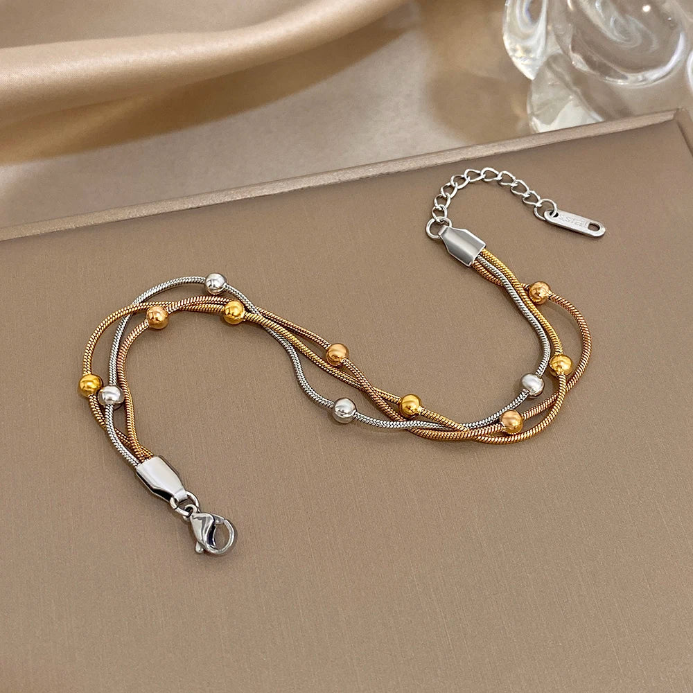 Stylish Gold Silver Color Stainless Steel Adjustable Bracelet for Women Elegant Multilayer Wrap Beaded Bracelets Party Jewelry