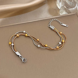 Stylish Gold Silver Color Stainless Steel Adjustable Bracelet for Women Elegant Multilayer Wrap Beaded Bracelets Party Jewelry