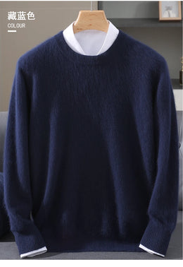Autumn Winter New Men's Sweater Round Neck Loose Pullover Knitted Sweater Casual Solid Color Thickened 100% Mink Cashmeresweater