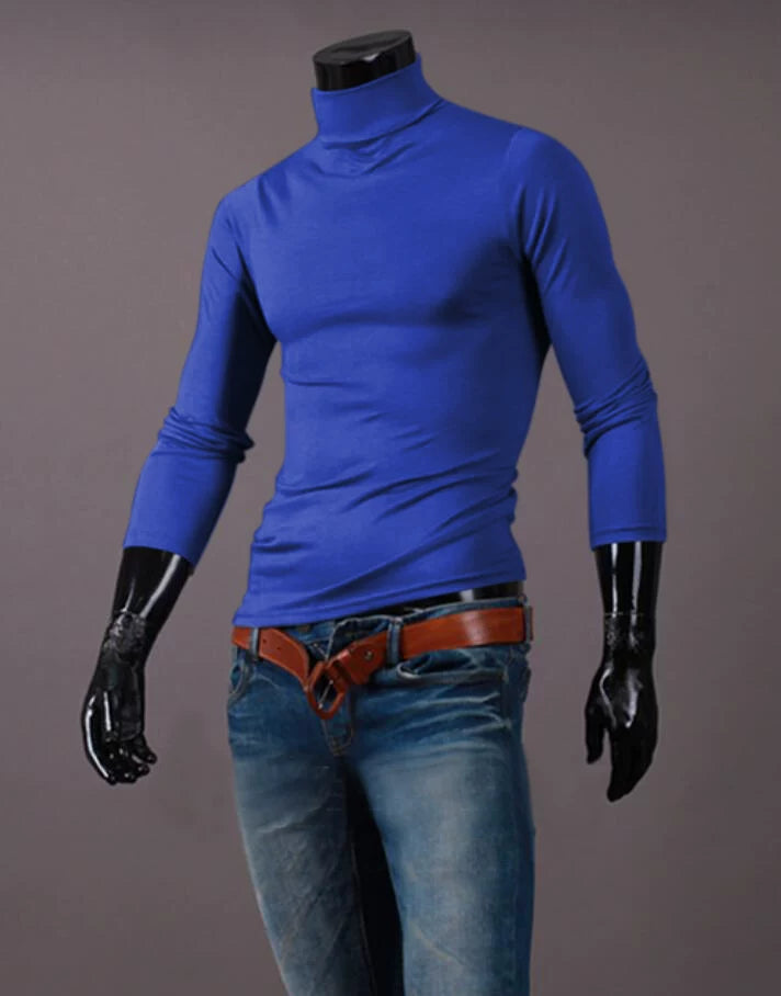 Fashion Men's Casual Slim Fit Basic Turtleneck High Collar Pullover Male Autumn Spring Thin Tops Basic Bottoming Plain T-shirt