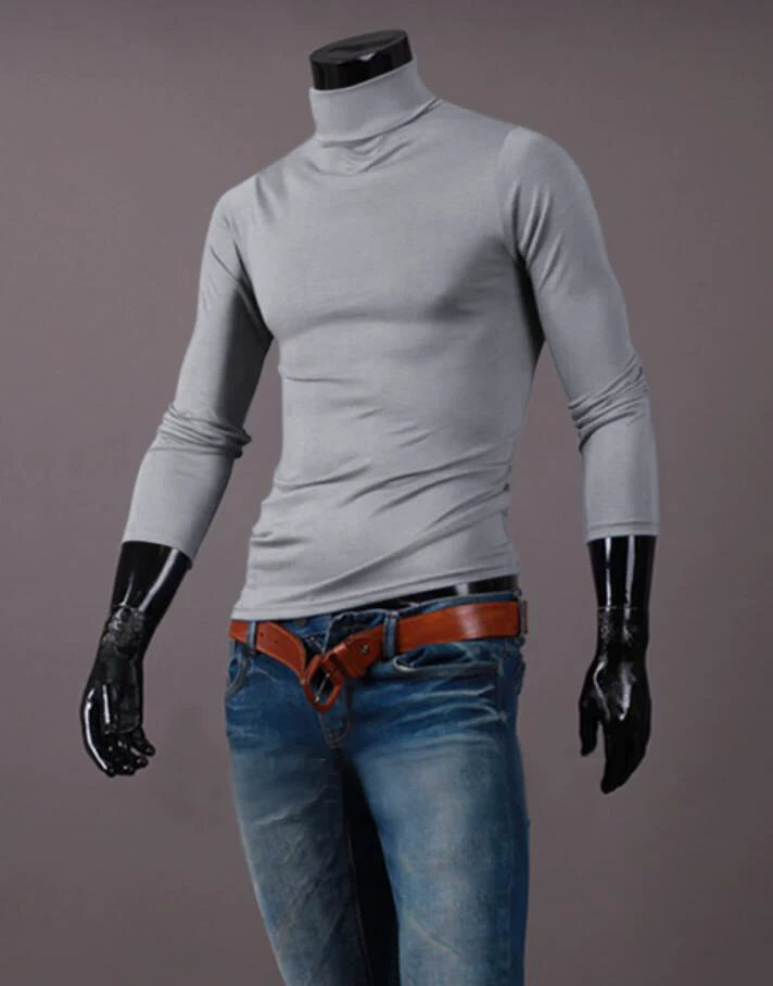 Fashion Men's Casual Slim Fit Basic Turtleneck High Collar Pullover Male Autumn Spring Thin Tops Basic Bottoming Plain T-shirt