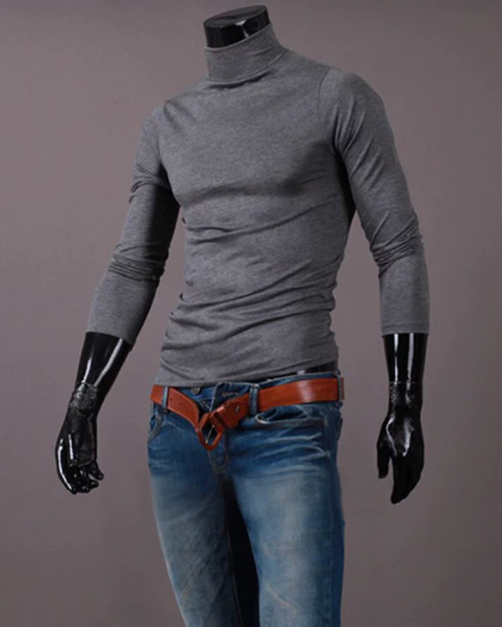 Fashion Men's Casual Slim Fit Basic Turtleneck High Collar Pullover Male Autumn Spring Thin Tops Basic Bottoming Plain T-shirt