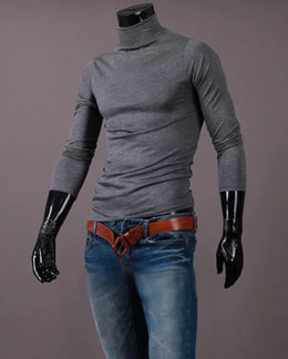 Fashion Men's Casual Slim Fit Basic Turtleneck High Collar Pullover Male Autumn Spring Thin Tops Basic Bottoming Plain T-shirt