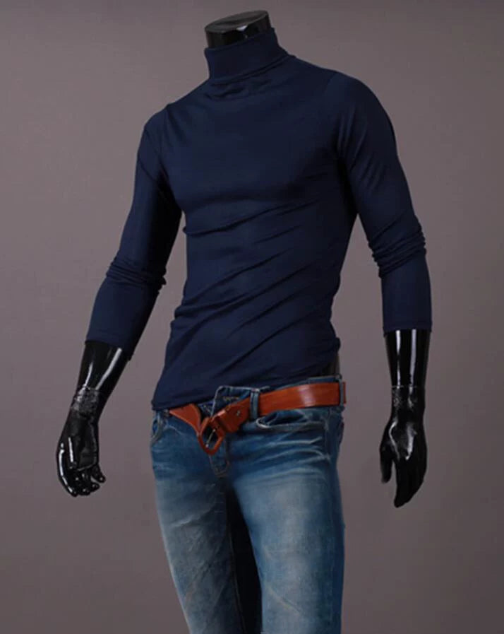Fashion Men's Casual Slim Fit Basic Turtleneck High Collar Pullover Male Autumn Spring Thin Tops Basic Bottoming Plain T-shirt