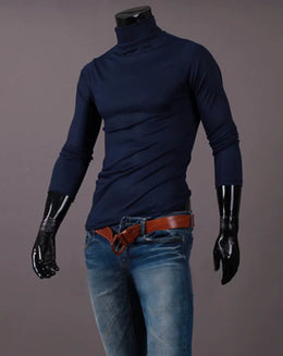Fashion Men's Casual Slim Fit Basic Turtleneck High Collar Pullover Male Autumn Spring Thin Tops Basic Bottoming Plain T-shirt