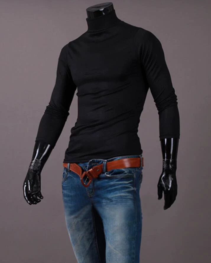 Fashion Men's Casual Slim Fit Basic Turtleneck High Collar Pullover Male Autumn Spring Thin Tops Basic Bottoming Plain T-shirt