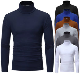 Fashion Men's Casual Slim Fit Basic Turtleneck High Collar Pullover Male Autumn Spring Thin Tops Basic Bottoming Plain T-shirt
