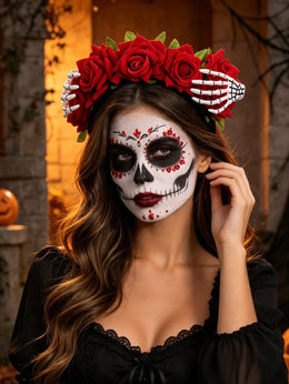 KissICON A 2/1pc Women's Day Of The Dead Rose Wreath Headband, Artificial Red Roses With Skeleton Hand Claw Decor Adjustable Flower Crown, Suitable For Halloween Sugar Skull Makeup Cosplay, Theme Party Costume, Ghost Bride Headpiece