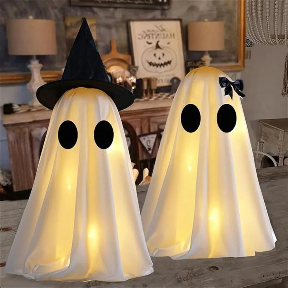 KissICON A-B Cute Witch Hat Ghost Decor Spooky Light Up Halloween Ghost Decorations For Indoor Home Mantel Shelf DIY Ghost Tabletop Decor