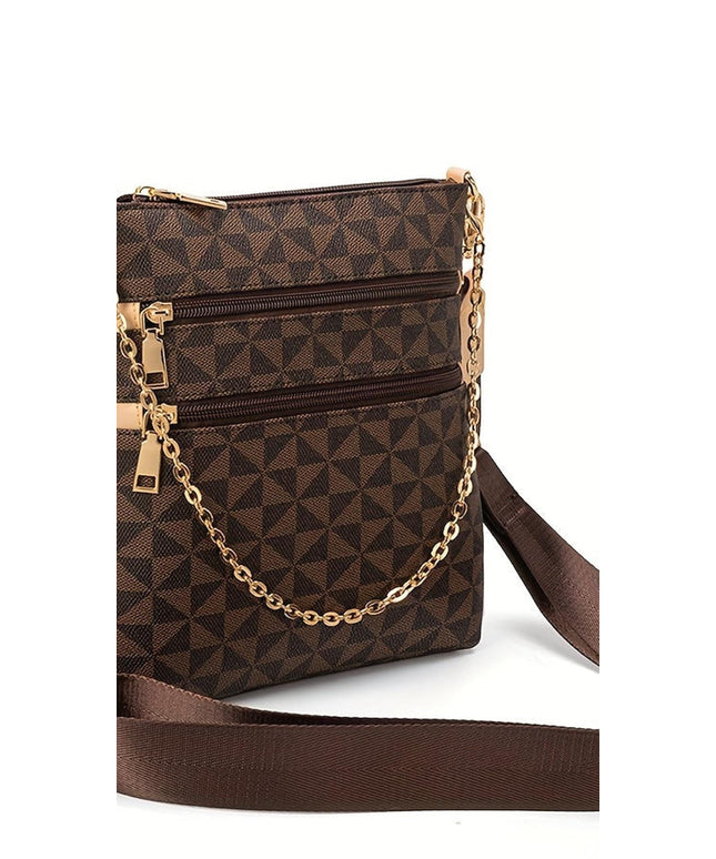 jkthpu-45 A-Brown 1pc Vintage Style Crossbody Bag, Small Square Synthetic Shoulder Bag with Multiple Pockets, Cambridge Messenger Bag, Zipper Closure, Polyester Lining, Deep Brown, Crossbody Purse, Everyday Handbag, Classic Checkered Pattern, Goldtone Hardware