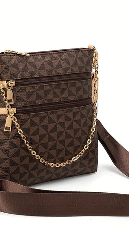 jkthpu-45 A-Brown 1pc Vintage Style Crossbody Bag, Small Square Synthetic Shoulder Bag with Multiple Pockets, Cambridge Messenger Bag, Zipper Closure, Polyester Lining, Deep Brown, Crossbody Purse, Everyday Handbag, Classic Checkered Pattern, Goldtone Hardware