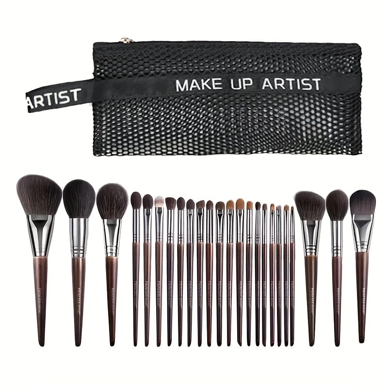KissICON A-Brown / 24 Makeup Brush + 1 Travel Case Rose Princess 25pc Goat Hair Makeup Brush Set – Travel
