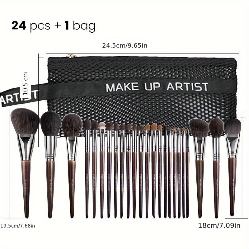 KissICON A-Brown / 24 Makeup Brush + 1 Travel Case Rose Princess 25pc Goat Hair Makeup Brush Set – Travel