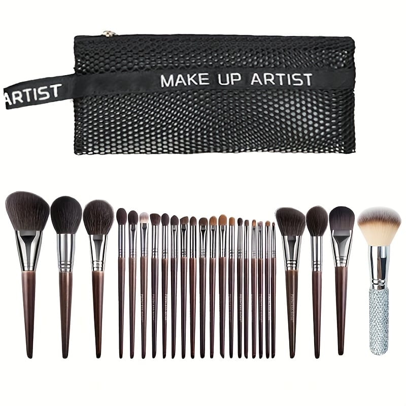 KissICON A-Brown / 24 Makeup Brush + 1 Travel Case Rose Princess 25pc Goat Hair Makeup Brush Set – Travel