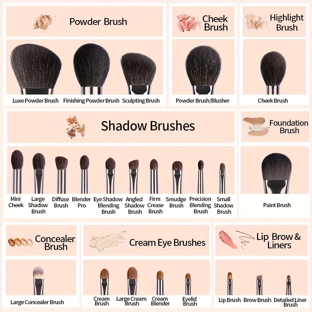 KissICON A-Brown / 24 Makeup Brush + 1 Travel Case Rose Princess 25pc Goat Hair Makeup Brush Set – Travel
